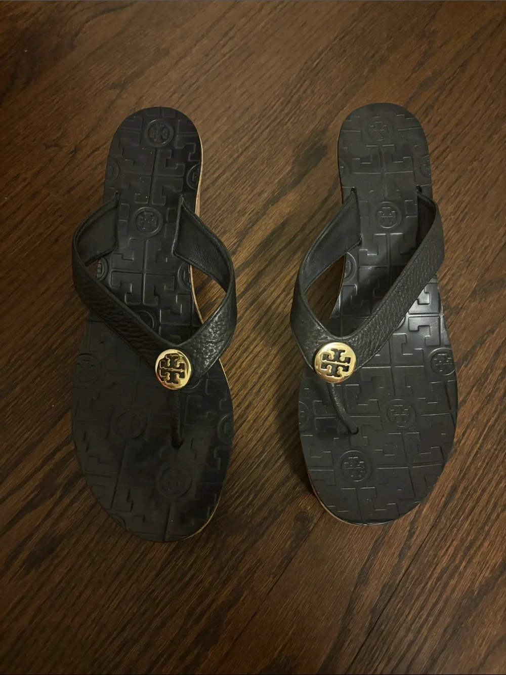 Tory Burch Black Wedge Thong Sandals with Gold Logo